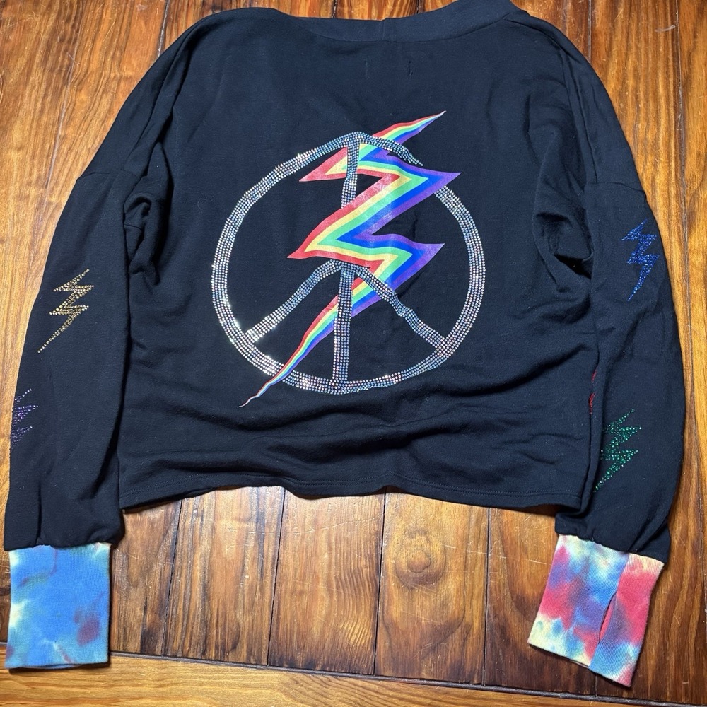 Lauren Moshi Cardigan Knit Crystal Gem Lightning Peace Sign Rainbow Black Sz S